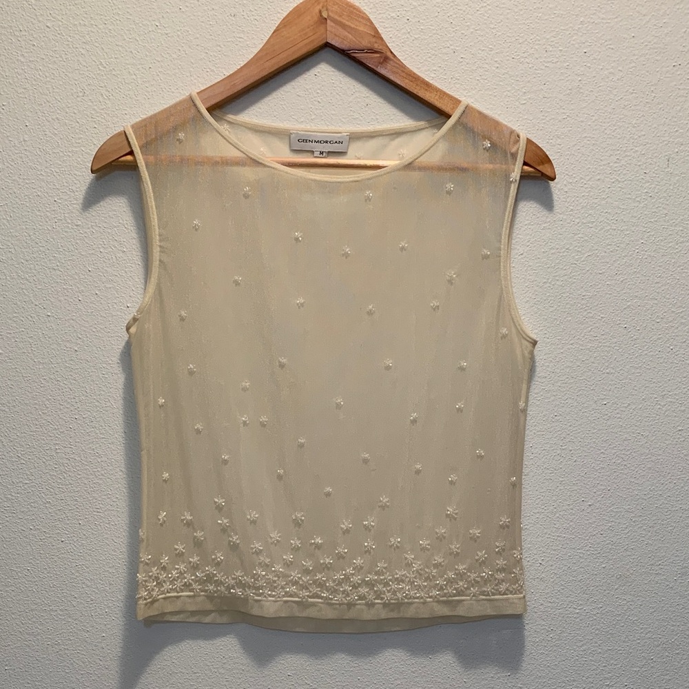 GEEN MORGAN Ivory Sheer Sleeveless Blouse with Beaded Embroidery